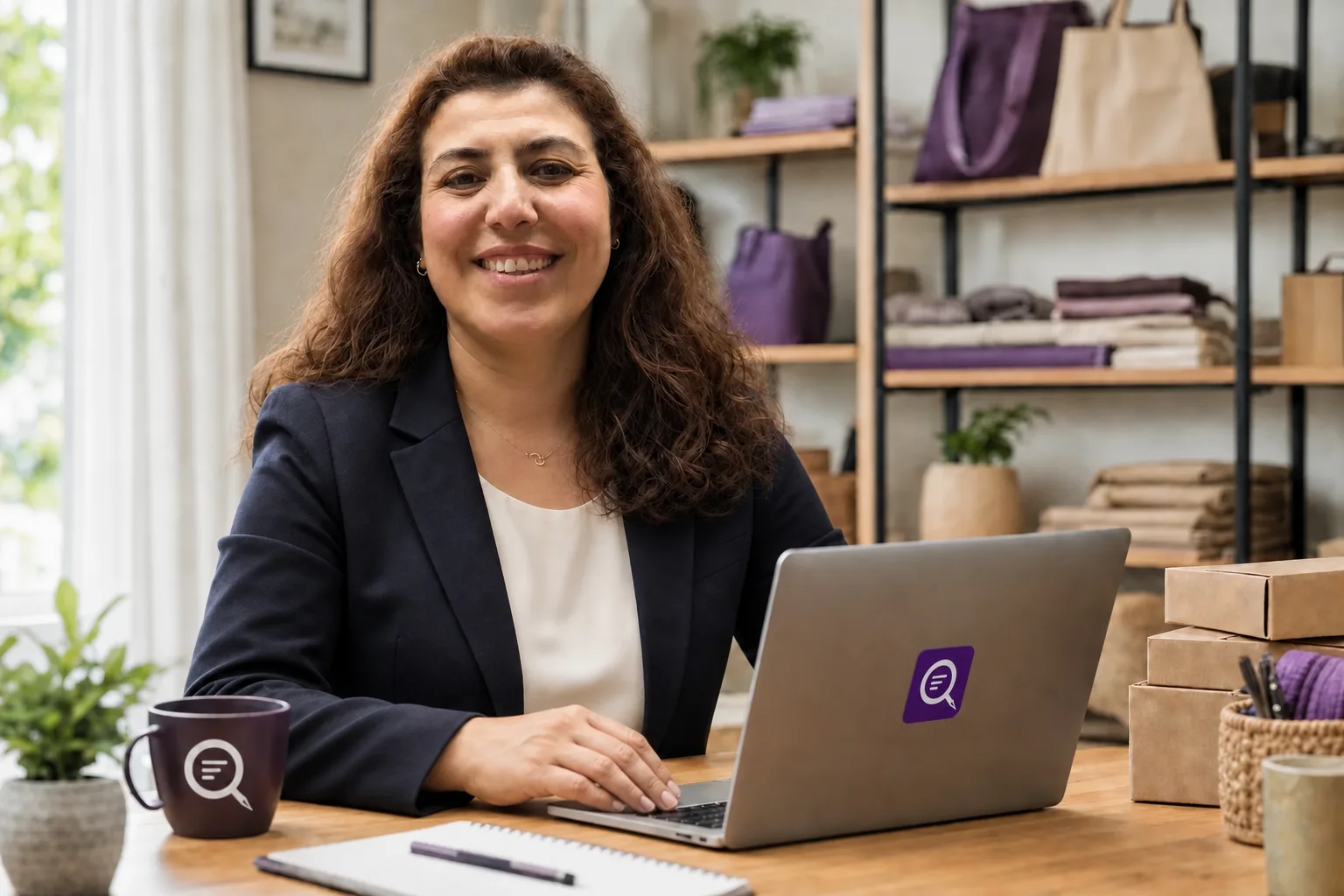 E-commerce store owner reviewing catalog content on a SeoQuill-branded laptop