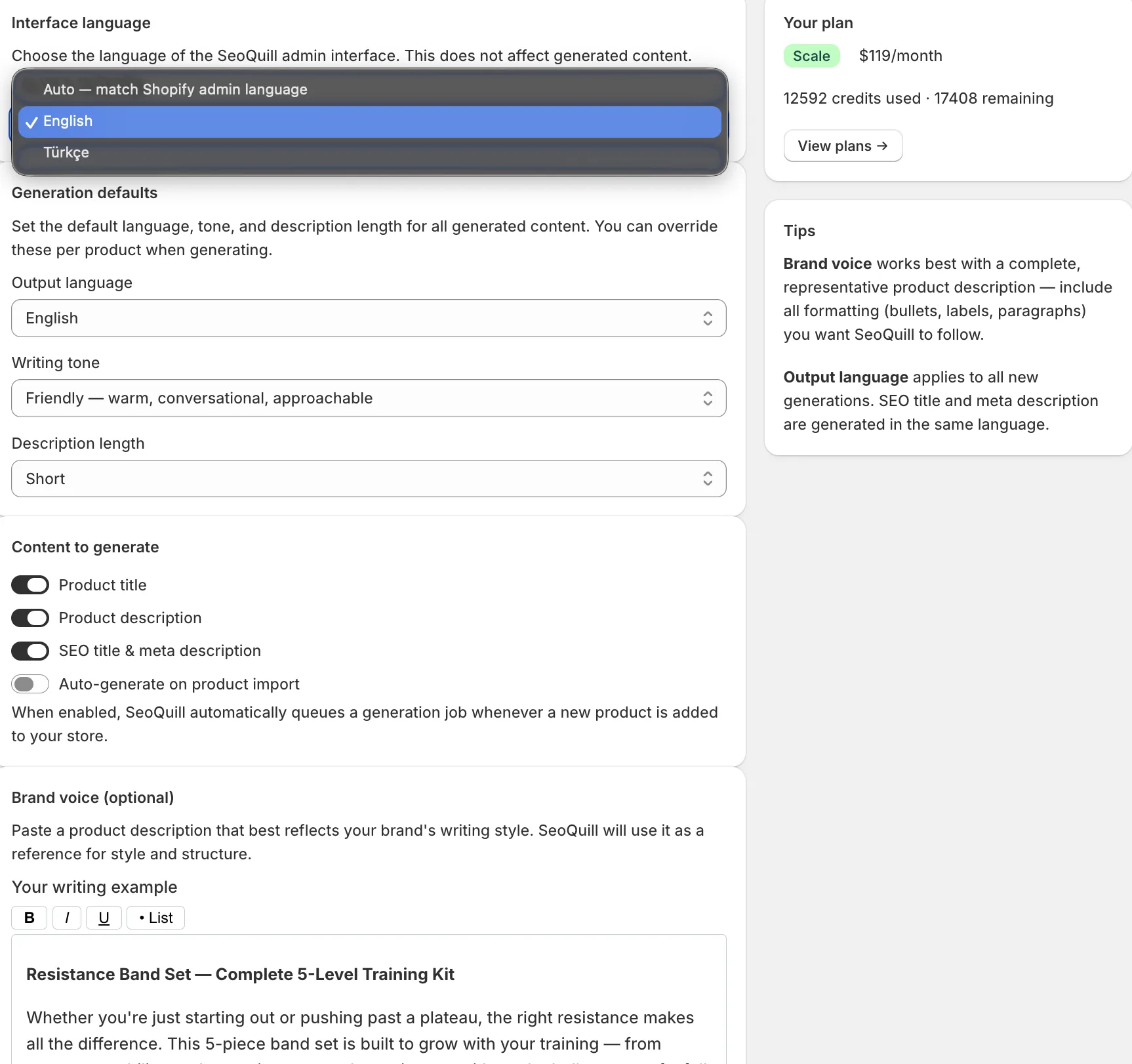 SeoQuill settings for interface language, generation defaults, and brand voice