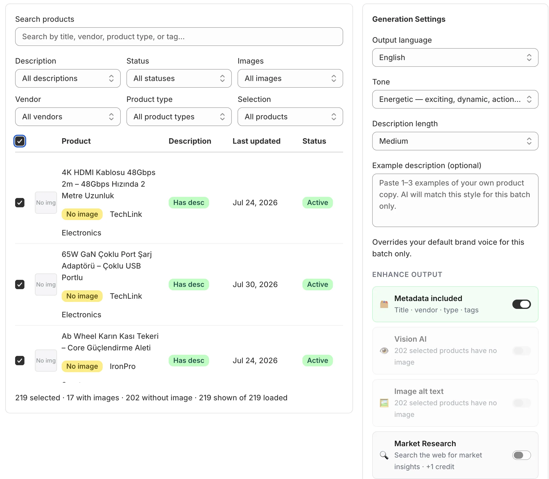 SeoQuill bulk generation screen with product filters and generation settings