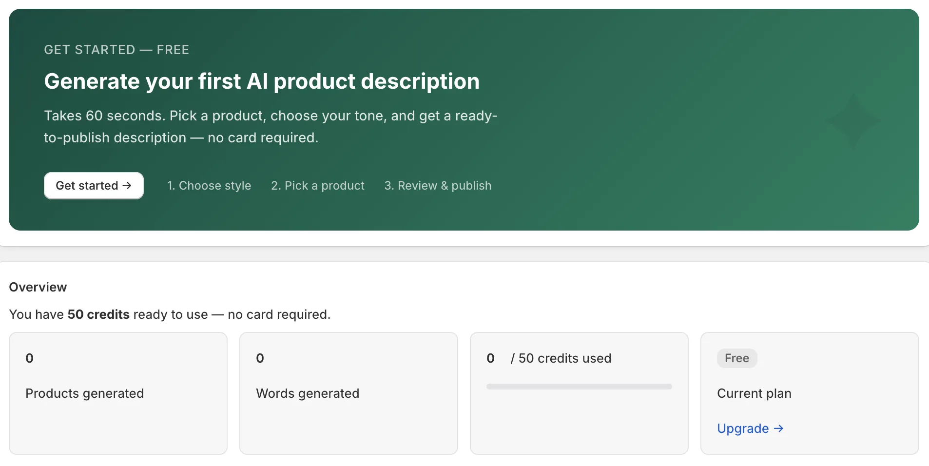 SeoQuill onboarding dashboard showing 50 free credits
