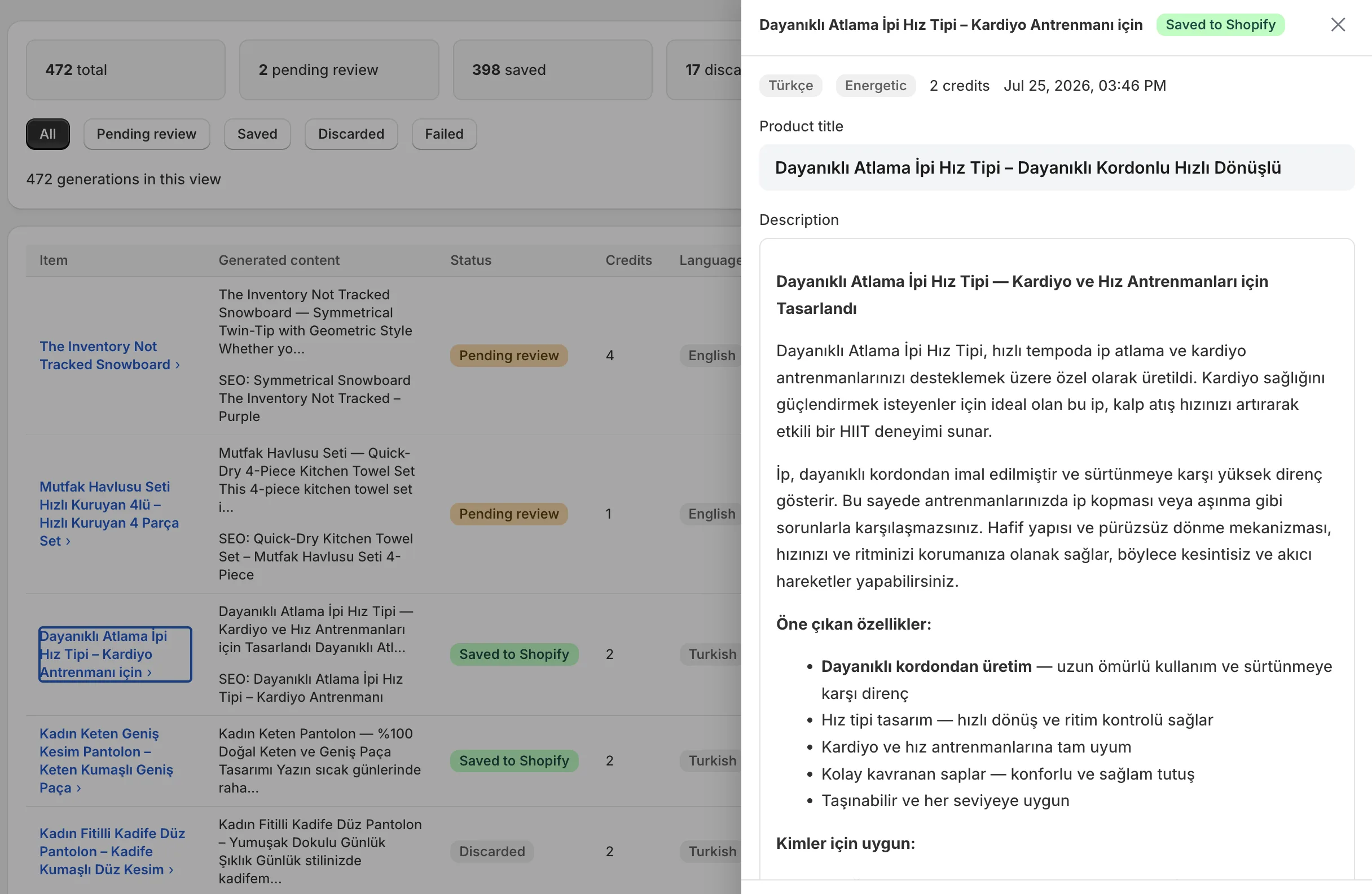 SeoQuill generation history with review and Shopify save statuses
