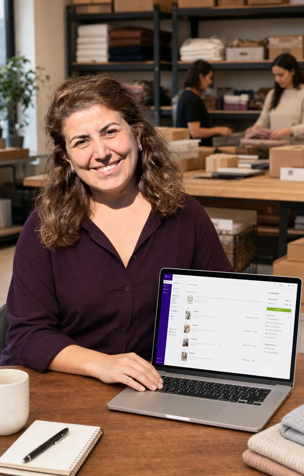 Ecommerce business owner managing her product catalog from an operations studio