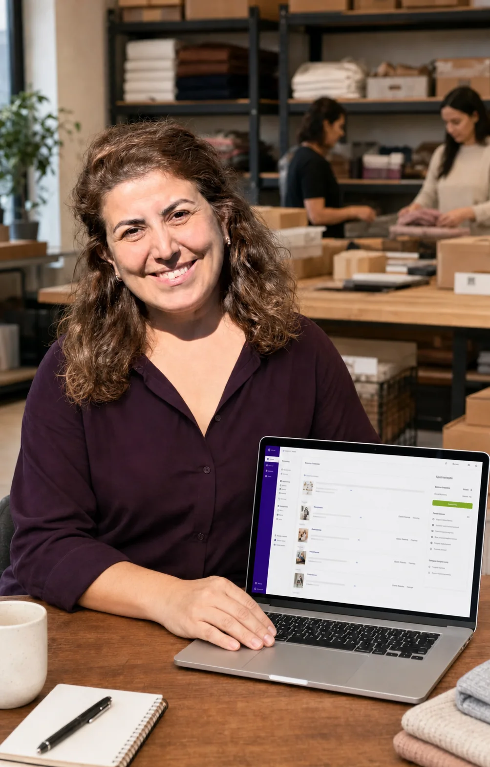 Ecommerce business owner managing her product catalog from an operations studio