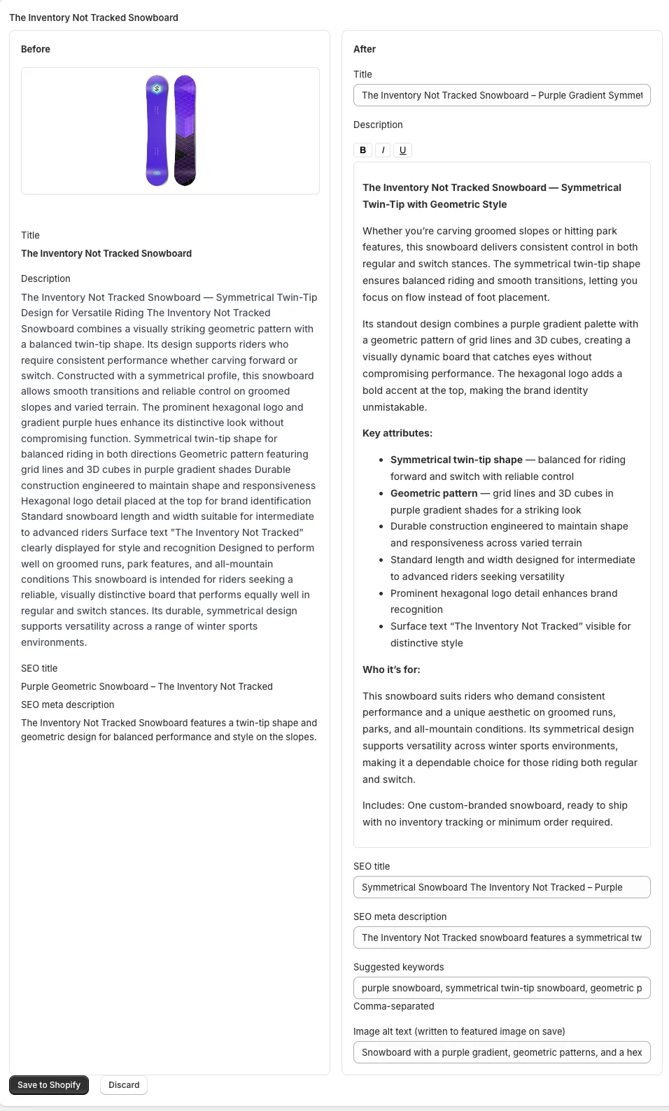 Before and after review screen in SeoQuill