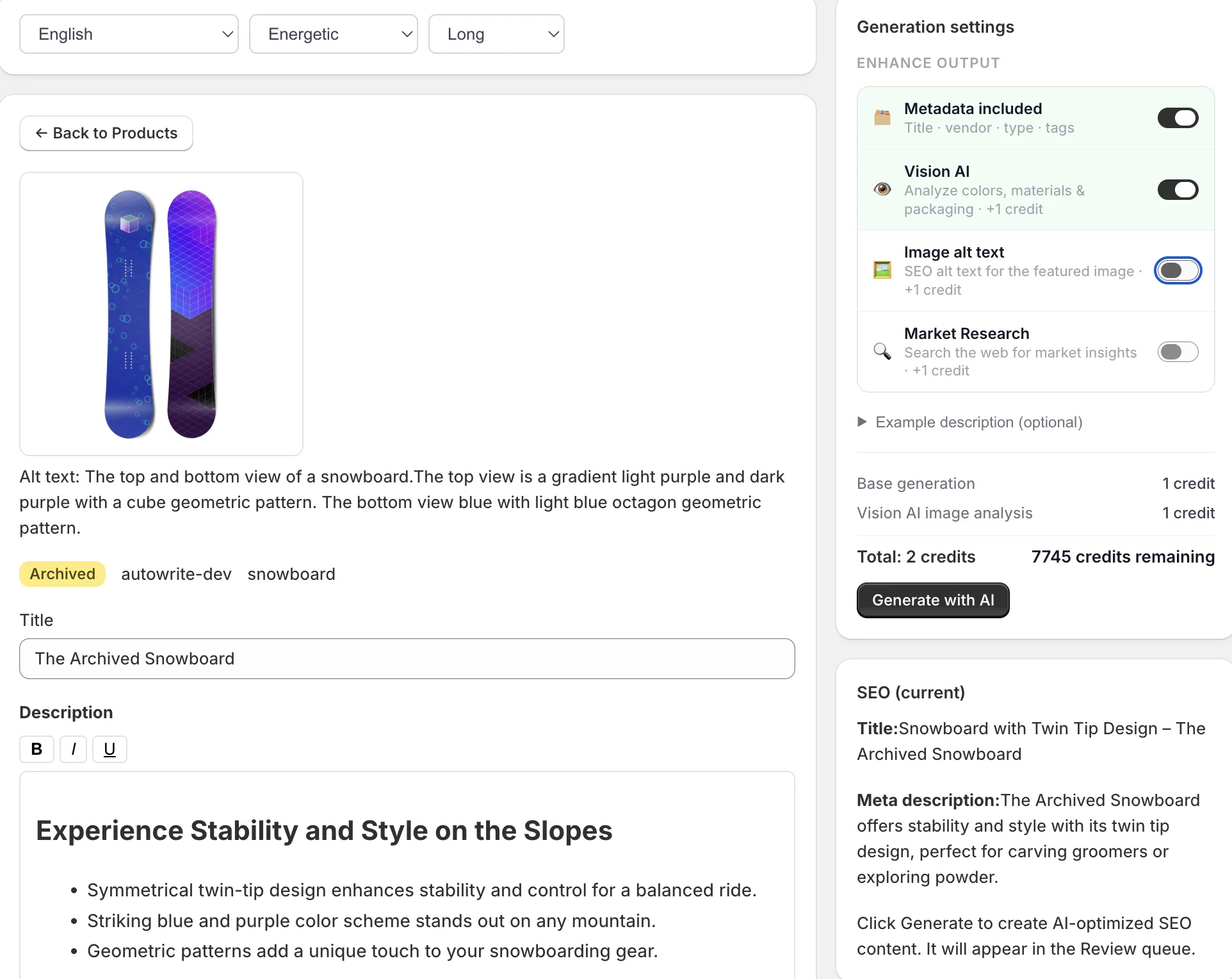 SeoQuill product generation screen with Vision AI controls